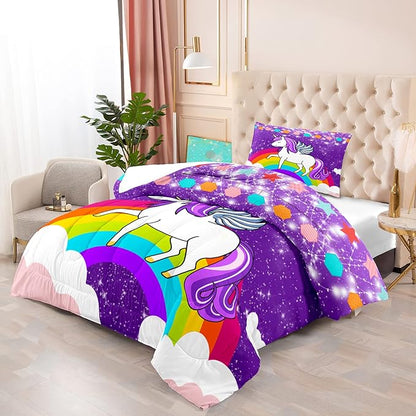 Unicorn Twin Comforter Set for Girls Twin Girls Bedding Set Cute Rainbow Unicorn Comforter Set for Kids Cartoon Girls Bedding Sets Twin Unicorn Print Bedding Sets, Purple, 1 Comforter+1 Pillowcase