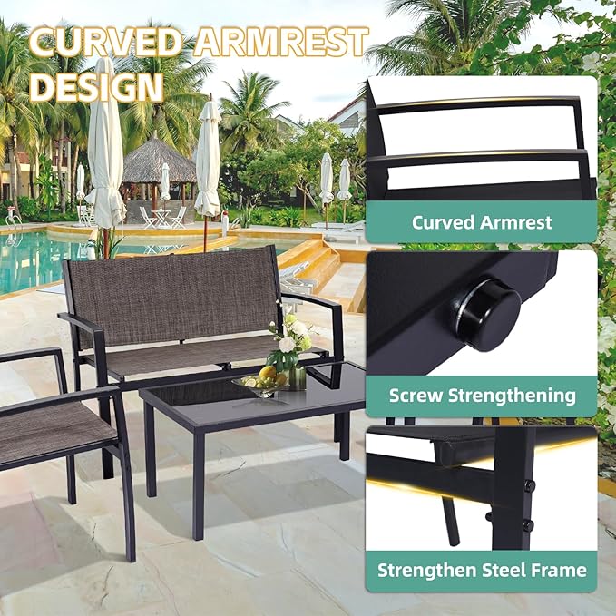 4 Pieces Patio Furniture Set Outdoor Garden Patio Conversation Sets Poolside Lawn Chairs with Tempered Glass Coffee Table Loveseat Porch Furniture Textilene Fabric Brown