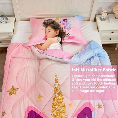 Pink Unicorn Queen Bedding Set for Girls 3 Piece Kids Comforter Set Cartoon Unicorn Flowers Quilt Set Bed in A Bag Lightweight Duvet Bed Set for Kids Teen Girls Women Bedroom Decor with 2 Pillowcases