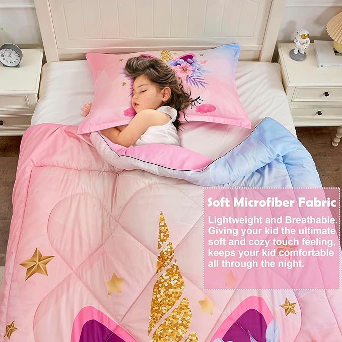 VIVILINEN Twin Size Bedding Set for Girls 3 Piece Pink Unicorn Kids Comforter Set Cartoon Unicorn Flowers Quilt Set Bed in A Bag Lightweight Duvet Bed Set for Kids Teen Girls Women with 2 Pillowcases