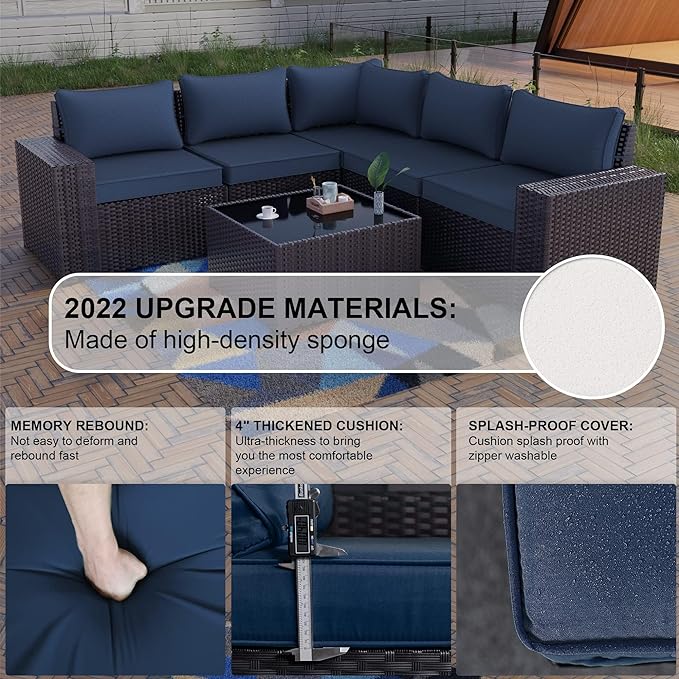Kullavik 6PCS Outdoor Patio Furniture Set PE Wicker Rattan Sectional Sofa Patio Conversation Sets,Navy blue