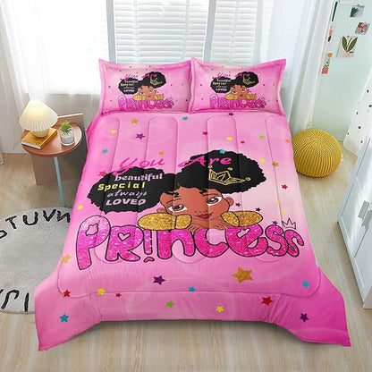 Kids Twin Bedding Set for Girls, Princess Comforter Set Twin, Black Girl Bed Set, Pink Teens Kids Daybed Quilt Set with 1 Comforter and 2 Pillow Cases