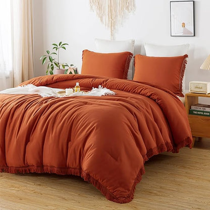 Andency Queen Comforter Set Burnt Orange, 3 Pieces Boho Terracotta Fall Tassel Lightweight Bedding Comforter Sets, All Season Rust Soft Bed Set (90x90In Comforter & 2 Pillowcases)
