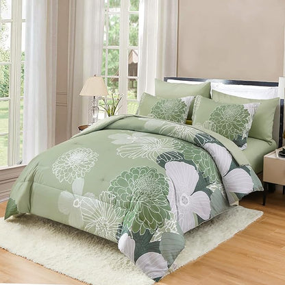 Yiran Bed in a Bag Green Comforter 7 Pieces Floral Bedding Set Soft Microfiber King Comforter Sets with 1 Comforter 1 Flat Sheet 1 Fitted Sheet 2 Pillowshams and 2 Pillowcases
