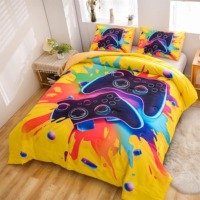 Aimuan Gaming Bedding Sets Gamer Room Decor 3D Gamepad Video Games Twin Size Comforter Sets for Boys Games Console Action Buttons Novelty Colorful Modern Home Quilt Set (Twin, Yellow)