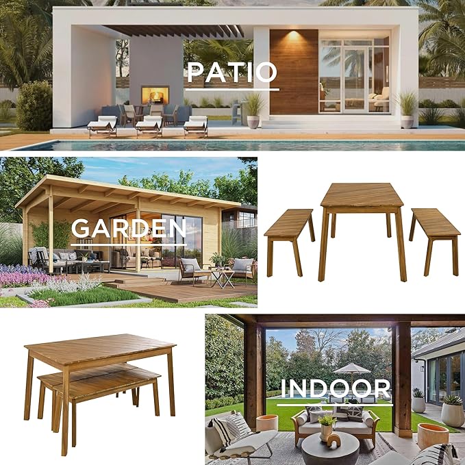 3-Pieces Patio Dining Set with Acacia Wood Tabletop and 2 Benches, Outdoor & Indoor Table and Chairs Furniture for Picnic Barbecue, Porch, Garden, Poolside, Onesize, Natural