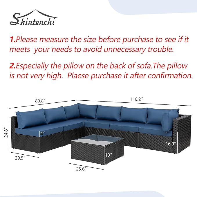 Shintenchi 7 Pieces Outdoor Patio Sectional Sofa Couch, Black Wicker Furniture Conversation Sets with Washable Cushions & Glass Coffee Table for Garden, Poolside, Backyard (Aegean Blue)