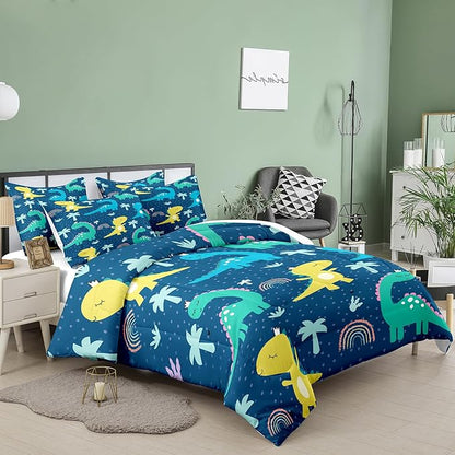 NINENINE Dark Blue Dinosaur Comforter Sets,Full Bedding Sets for Boys,Dinosaur Comforter Sets for Kids,Cartoon Bedding Sets with 1 Comforter 2Pillowcases