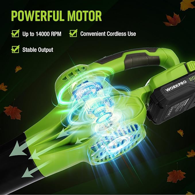 WORKPRO Cordless Leaf Blower, 20V Battery Powered Leaf Blower for Lawn Care, 2-Speed Control Lightweight Mini Electric Leaf Blower wih Battery and Charger