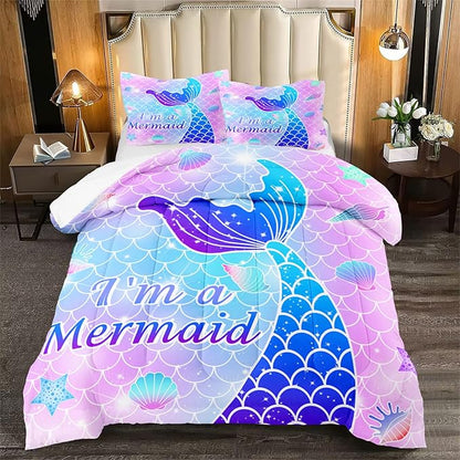 Pink Mermaid Full Size Bedding Set for Girls, Girls Mermaid Comforter Set Full, 3Pcs Mermaid Bedding Full, Ultra Soft Breathable Mermaid Skin Surface Scales Quilt with 2 Pillowcases