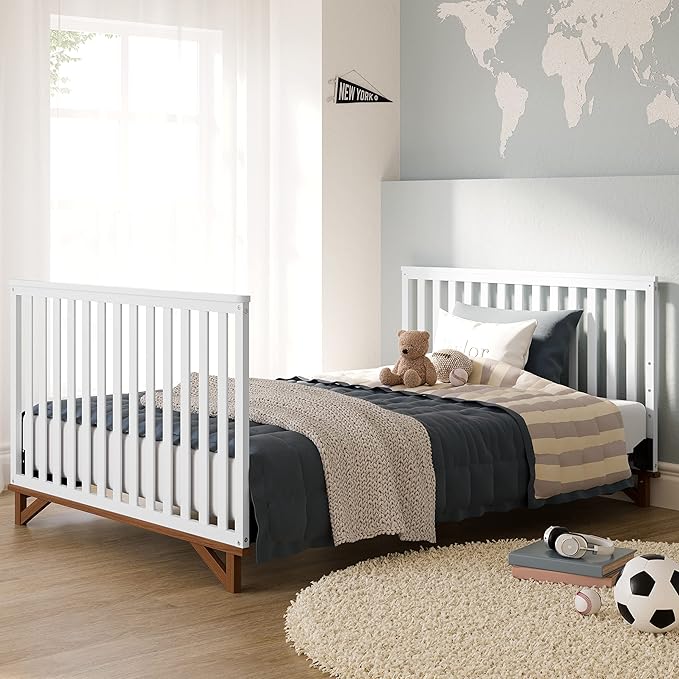 Storkcraft Santa Monica 5-in-1 Convertible Crib (White with Vintage Driftwood) – GREENGUARD Gold Certified, Modern Design, Two-Tone Baby Crib, Converts to Toddler Bed, Daybed and Full-Size Bed