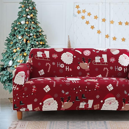 Mybedsoul Christmas Sofa Cover Santa Claus Printed Sofa Couch Cover Washable Furniture Protector with Elastic Bottom Xmas Home Room Festival Decoration(3 Seater)