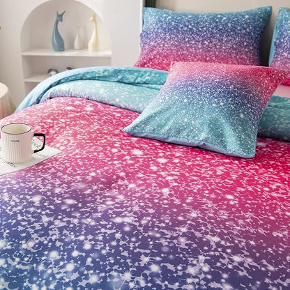 RYNGHIPY 6Pcs 3D Glitter Comforter Bedding Sets for Kids Teens Girls Women, Turquoise Blue Pink Rainbow Quilt Set Queen Size, Ultra Soft Reversible Bed in A Bag