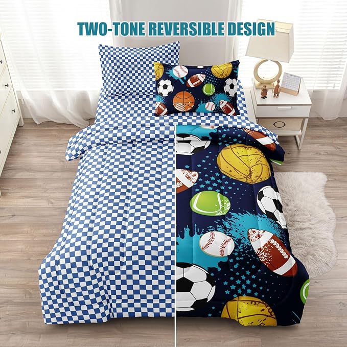 Kids Boys Comforter Set Twin Bed in a Bag w/Sheet Sets, Blue Twin Bedding Sets for Teens Soccer Basketball Baseball Football Sports Themed Bedroom Decor Reversible Design