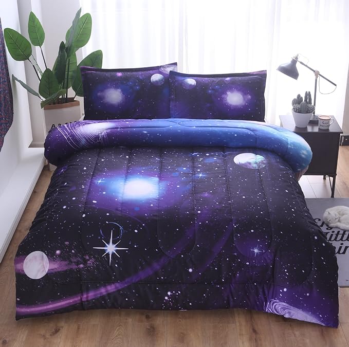 Wowelife Galaxy Comforter Set Full 5 Pieces Galaxy Bedding Set Blue 3D Galaxy Kids Bedding Set Bed in a Bag for Boys and Girls with Comforter, Flat Sheet, Fitted Sheet and 2 Pillowcases