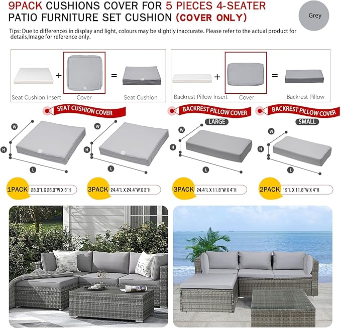ClawsCover 9Pack Outdoor Seat and Back Cushion Replacement Covers Fit for 5 Pieces 4-Seater Wicker Rattan Furniture Patio Conversation Set Sectional Couch,Gray-Include Cover Only (Small)
