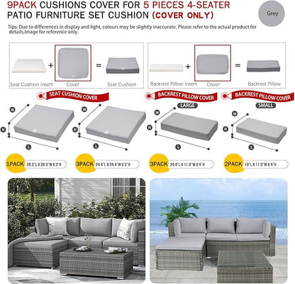 ClawsCover 9Pack Outdoor Seat and Back Cushion Replacement Covers Fit for 5 Pieces 4-Seater Wicker Rattan Furniture Patio Conversation Set Sectional Couch,Gray-Include Cover Only (Small)