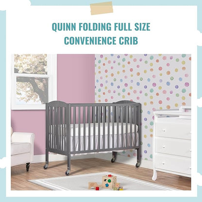 Folding Full Size Convenience Crib In Storm Grey, Two Adjustable Mattress Height Positions, Comes With Heavy Duty Locking Wheels, Flat Folding