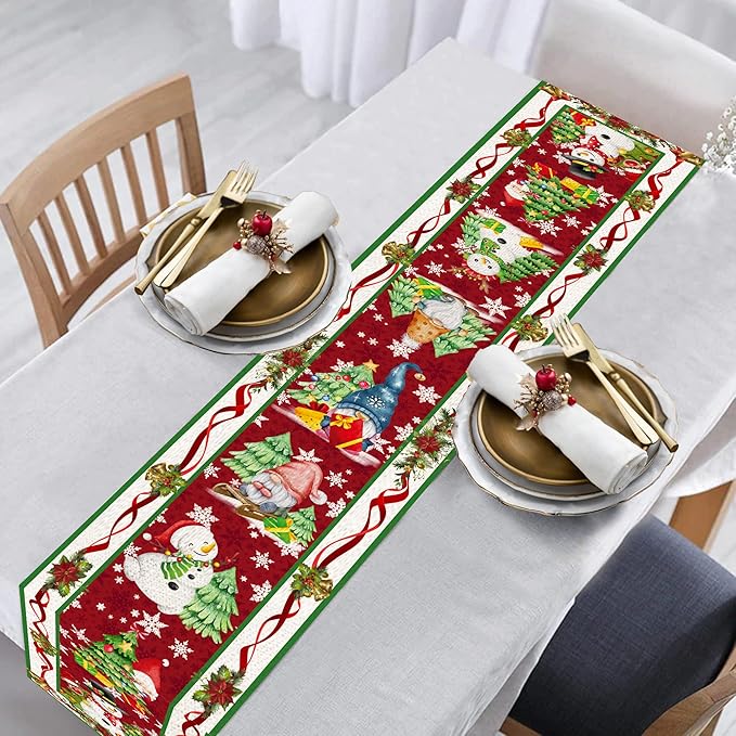 Christmas Table Runner 108 Inches Long Snowflake Buffalo Plaid Table Runner Christmas Theme Holiday Xmax Snowman Gnome Christmas Table Runner for Kitchen Dining Table Home Party Decorations