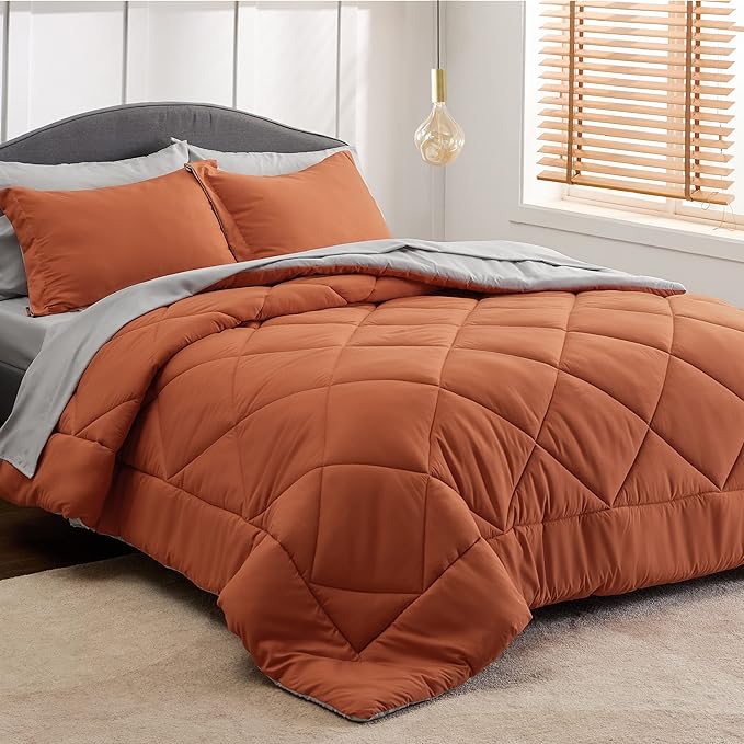 Bedsure Burnt Orange King Size Comforter Set - 7 Pieces Reversible King Bed in a Bag King Bed Set with Comforters, Sheets, Pillowcases & Shams, King Bedding Sets