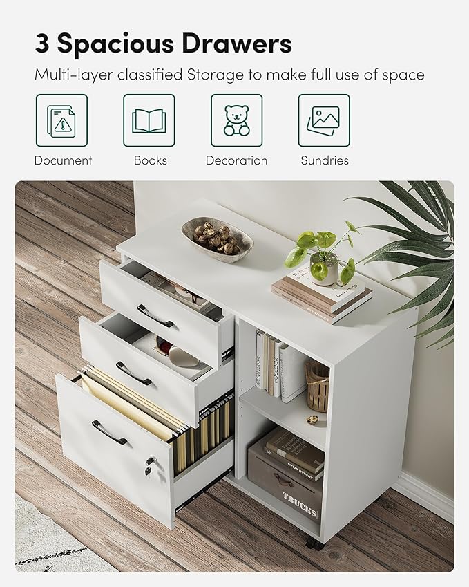 FEZIBO 3-Drawer Mobile File Cabinet, Lateral Filing Cabinet with Lock, Printer Stand with Open Storage Shelves for Home Office, Filing Cabinets for Home Office, White