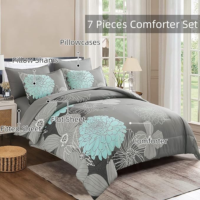 Yiran 7 Pieces Bed in a Bag Floral Comforter Set Green Flowers Bedding Set Soft Microfiber King Comforter Sets with 1 Comforter 1 Flat Sheet 1 Fitted Sheet 2 Pillowshams and 2 Pillowcases