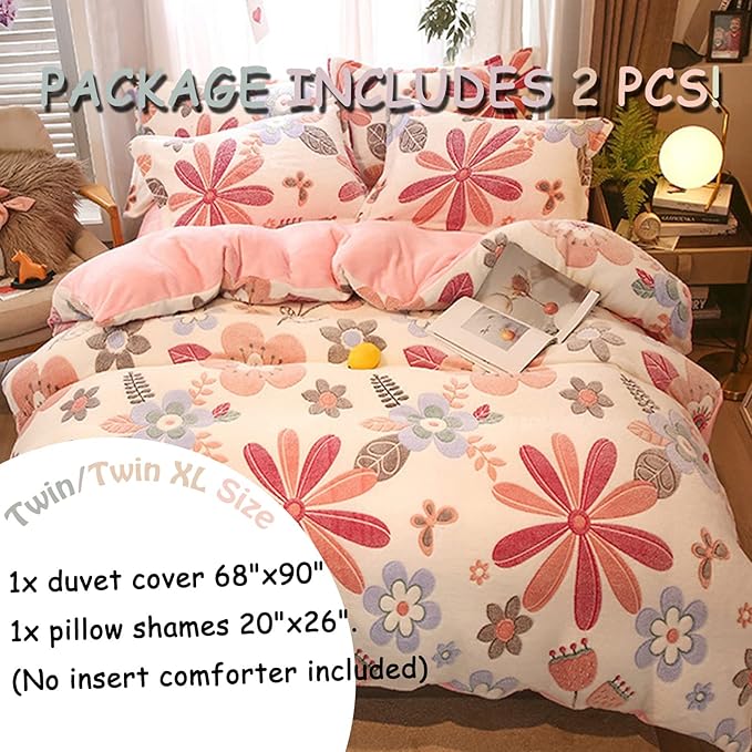MorroMorn Twin Bedding Sets, Pink Floral Duvet Cover Set, Fluffy Comforter Covers, Colorful Flowers Blanket Ultra Soft Kawaii Cute for Girls Toddler Kids Teen Women Twin/Twin XL Size