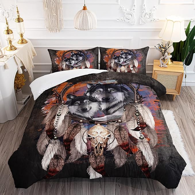 Wolf Dream Catcher Comforter Set for Kids Teens Girls Retro Modern Wildlife Animal Comforter Tie Dye Wolf Bedding Set for Kids Teens Room Decor