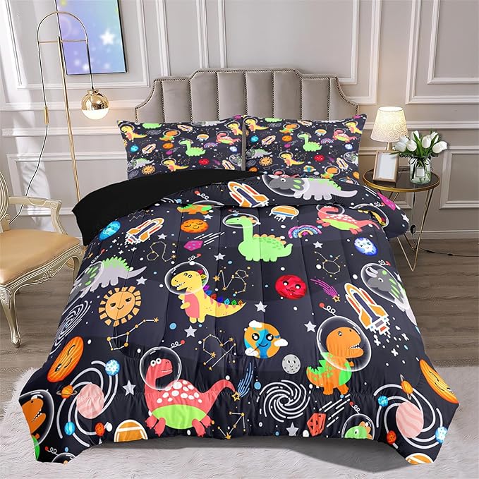 Cartoon Dinosaur Comforter Set - Boys Full Size Dinosaur Bedding Set for Bedroom Dinosaur Quilt with 2 Pillowcases for Kids Girls Boys Room Decor Lightweight Dino Comforter for All-Season, 3 Pieces