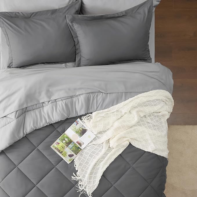 Bedsure Dark Grey Twin XL Comforter Set - 5 Pieces Reversible Twin XL Bed in a Bag for College, Extra Long Twin Bed Set Dark Grey with Comforters, Sheets, Pillowcase & Sham