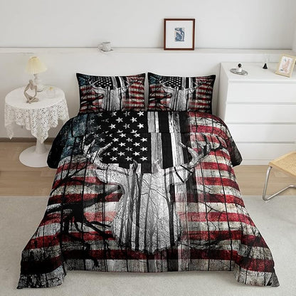 Feelyou American Flag Deer Antlers Bedding Set Hunting Camping Comforter Set for Kids Boys Girls USA Flag Comforter Tree Branch Inner Fill Duvet Set 1 Comforter Set with 2 Pillowcases Full Size