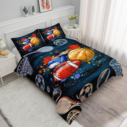 Axolotl Ball Game Bedding Set Twin,Basketball Comforter Set Sports Bedding,Volleyball Comforter Set Soccer Bedding,Football Comforter Colorful Grunge Style for Kids Boys Teens,1 Quilt 2 Pillowcases