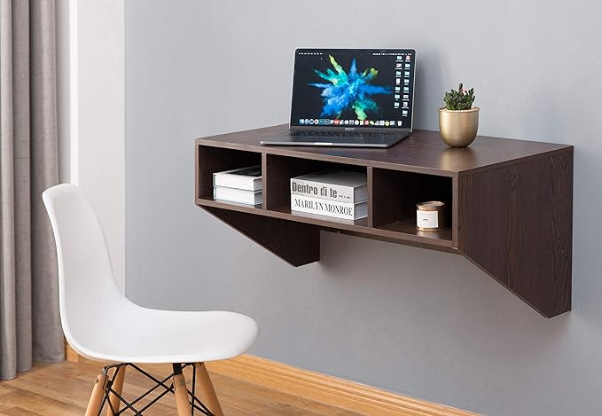 Wall Mounted Office Computer Desk with Three Compartments, Brown