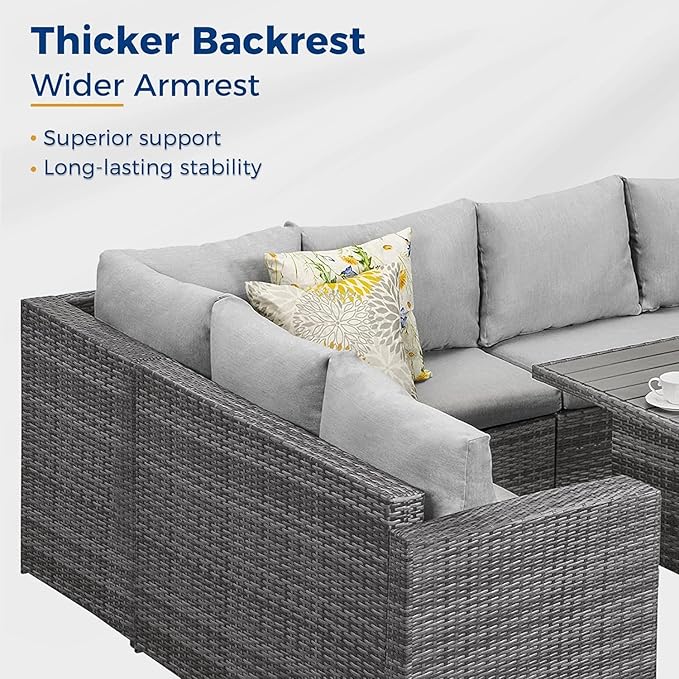 7 Piece Wicker Rattan Outdoor Dining Set with Dining Table and Ottomans, Patio Table and Chairs Set