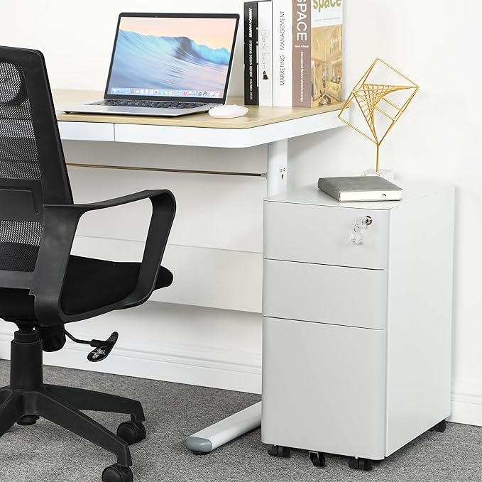 YITAHOME 3-Drawer Metal Filing Cabinet Office Drawers with Keys, Compact Slim Portable File Cabinet, Pre-Built Office Storage Cabinet for A4/Letter/Legal (Gray and White)
