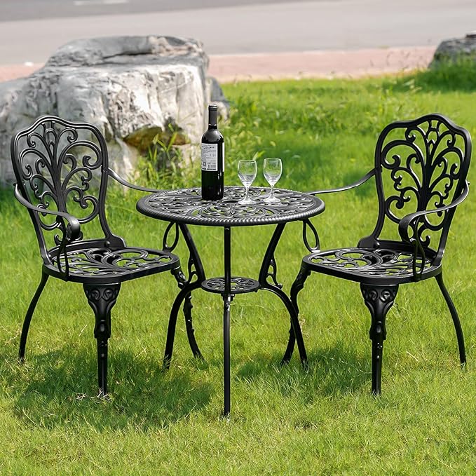 Bistro Table and Chairs Set of 2, Cast Aluminum Patio Furniture, Outdoor Bistro Set 3 Piece with Umbrella Hole for Balcony Porch Yard