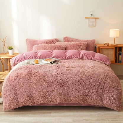 Old Pink Plush Fluffy Comforter Cover Set Queen - Ultra Soft Faux Fur Old Pink Bedding Sets 3 Pieces (1 Fuzzy Duvet Cover + 2 Pillow case) Shaggy Bed Set (Old Pink, Queen)