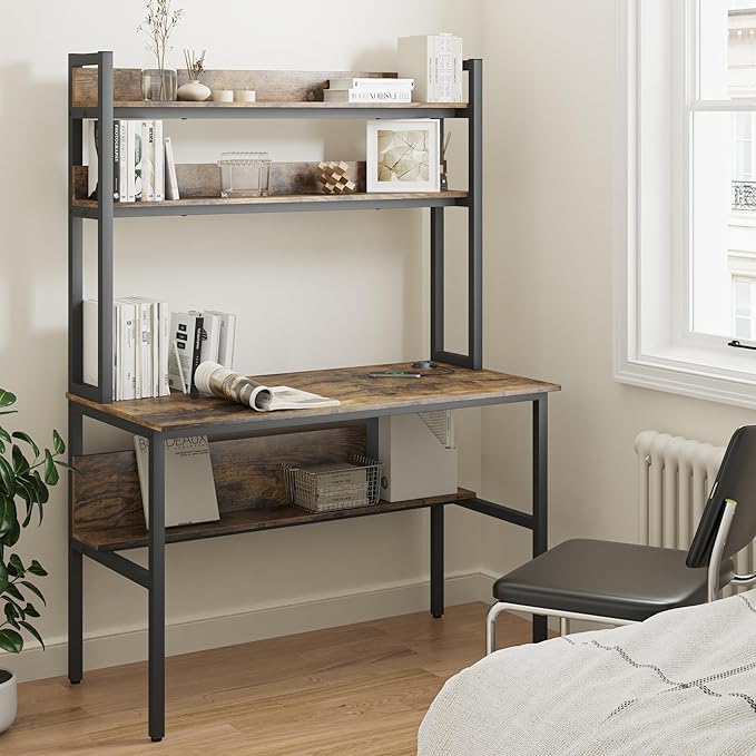 47 Inch Computer Desk with Desktop Wireless Charger, Home Office Desk with Bookshelf, Writing Desk with Storage Shelves for Home Office, Craft Table with Hutch Rustic