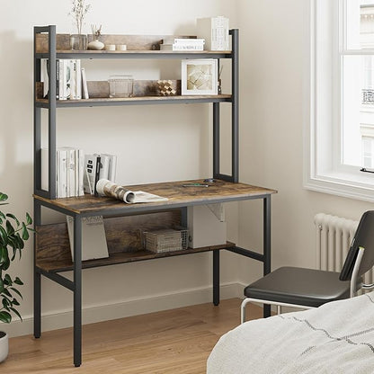 47 Inch Computer Desk with Desktop Wireless Charger, Home Office Desk with Bookshelf, Writing Desk with Storage Shelves for Home Office, Craft Table with Hutch Rustic