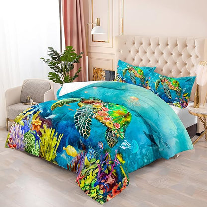 Kids Turtle Rose Comforter Set Full Beach Theme Jellyfish Starfish Bedding Set Sea Animal Reptile Bed Set with 2 Pillowcases for Boys Girls Room Decor