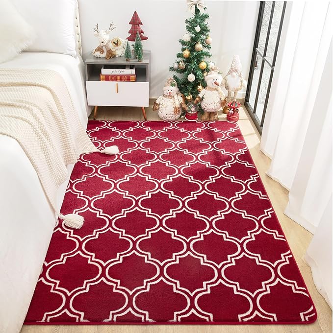 Chicrug Shag Geometric 4x6 Area Rug for Living Room, Large Modern Memory Foam Indoor Carpet, Fluffy Rug for Bedroom Bedside Room Decor for Family Girls Kids Nursery, Wine Red/White