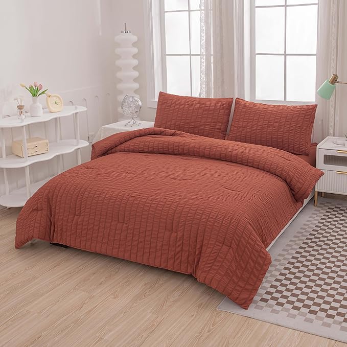 Burnt Orange Comforter Set Queen,Queen Sized Comforter Bedding Set, Burnt Orange Terracotta Bedding Set Queen Size,5 Pcs Lightweight Microfiber Bed Set
