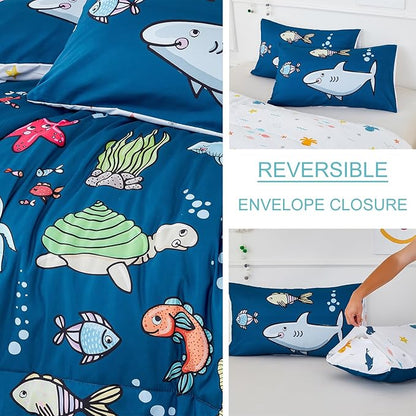 WINLIFE Shark Comforter Set Queen Size for Boys Teen Ocean Themed Fish Turtles Printed Bedding Set, Soft Microfiber Bedding All Season (3Pcs, Queen)