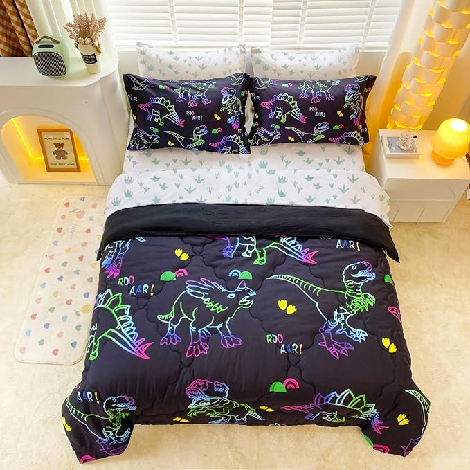 7 Piece Dinosaur Comforter Set -Twin Size for Boys 3D Print Sketch Dinosaur Bedding Set Bed in A Bag for Kids Teens Rainbow-Colored Gradient Line Animal Comforter