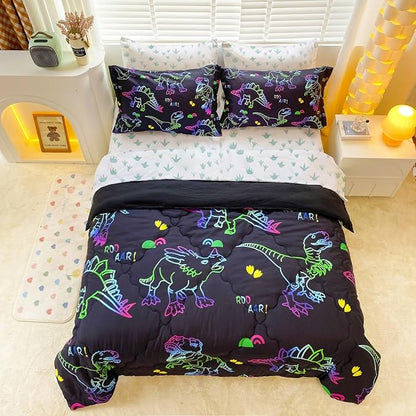 7 Piece Dinosaur Comforter Set -Twin Size for Boys 3D Print Sketch Dinosaur Bedding Set Bed in A Bag for Kids Teens Rainbow-Colored Gradient Line Animal Comforter