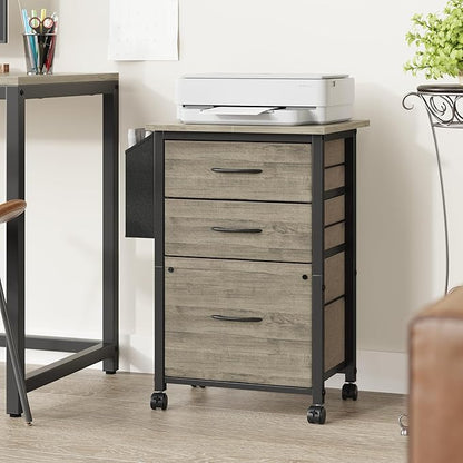 3 Drawer File Cabinet with 18'' Extended Board, Fabric Drawer, Mobile Filing Cabinet Fits A4/Letter Size Files, Rolling Printer Stand with Storage Bag, File Cabinet for Home Office, Grey