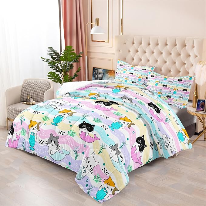 Cartoon Cat Comforter Set for Girls - Full Size Girls Cat Bedding Set for Bedroom Ultra Soft Warm Cute Mermaid Tail Cat Patterns Comforter Set for All-Season, 1 Comforter with 2 Pillowcases