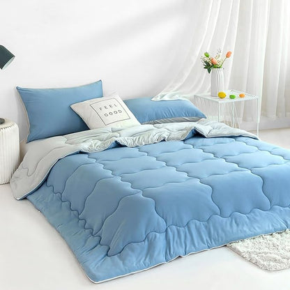 COTTEBED Blue and Grey KING Sized Bed Down Comforters Set, Jersey Knit Milk Cup Dual-Sided Reversible Softness Breathable Lightweight California King Bedding Alternative Quilt & Pillowsham All Seasons