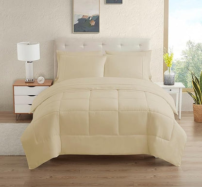 Dorm Room Essentials College Bedding Comforter Set 7 Piece Full Size Bed in a Bag for College Students Boys and Girls, Full, Cream/Beige