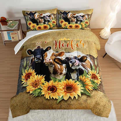 HOSIMA Farmhouse Animal Cow Comforter Western Bedding Sets,Sunflower Comforter for Girls Boys Teens,Cow Print Bedding Room Decor,Floral King Size Comforter Set with 2 Pillowcases.
